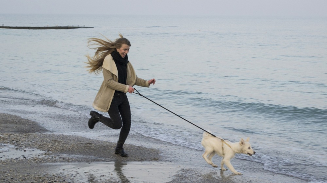 Bieganie z psem to świetna zabawa. W zimę Pani biega ze swoim psem i świetnie się bawią.