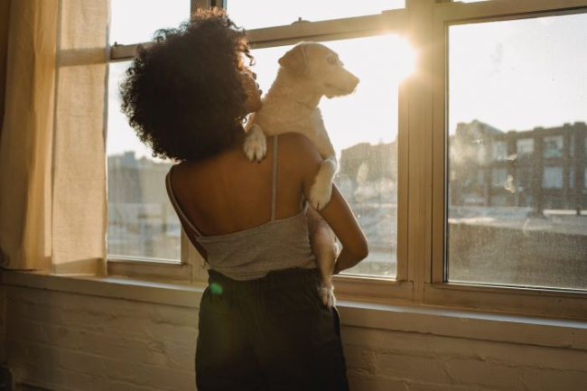 Kobieta z psem na rękach patrzą na zachód słońca.
